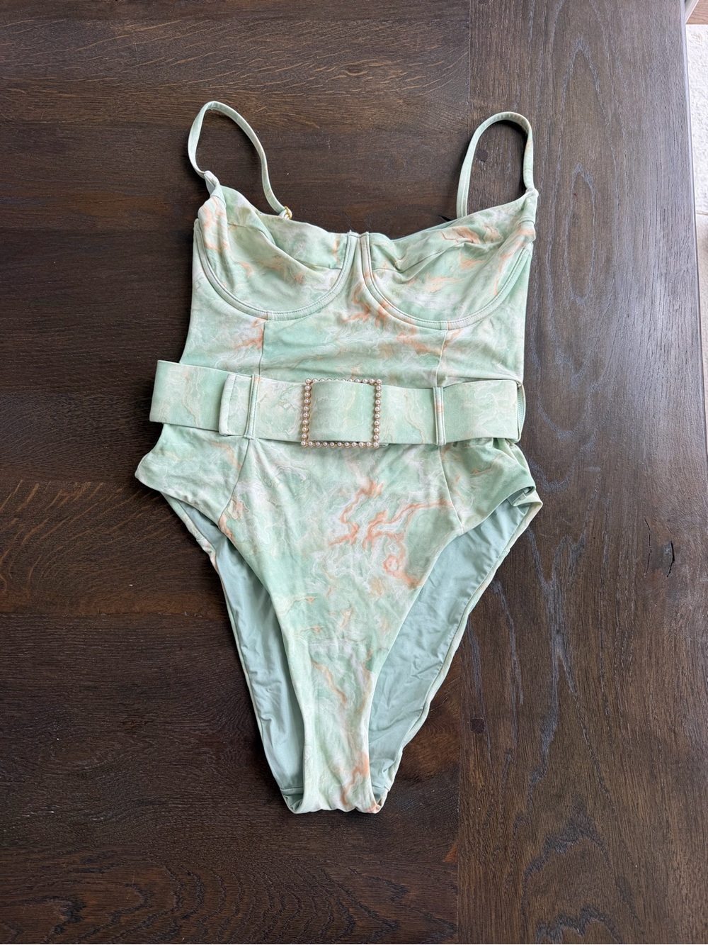 WeWoreWhat Mint Marble Belted One-Piece Swimsuit